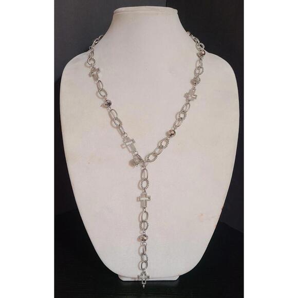 Premier Designs Rhinestone & Cross Necklace 18" Silvertone Chain Fashion Jewelry - Picture 1 of 4